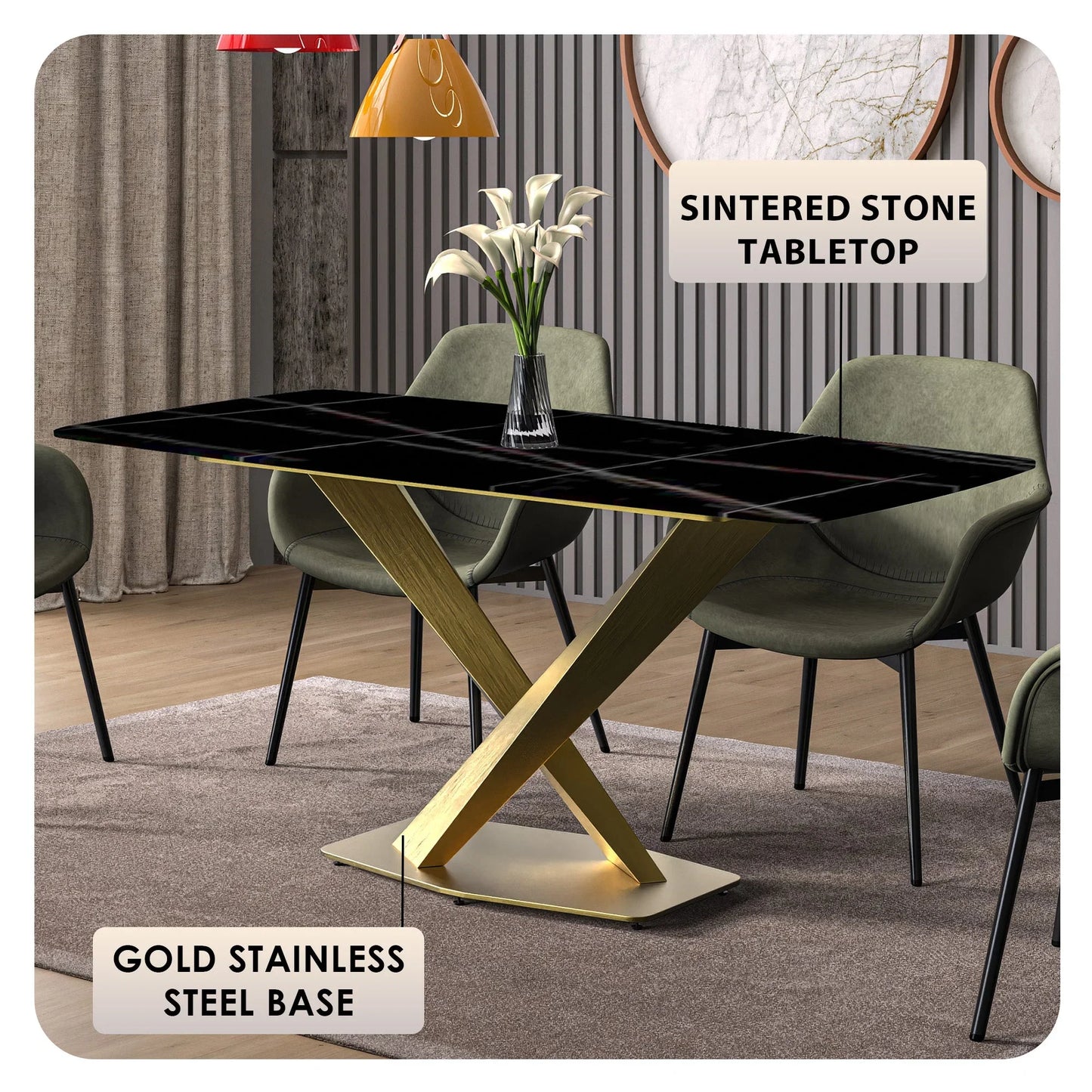 Voren Dining Table with Rectangular Tabletop with Gold/Black Stainless Steel Base - Elax Furniture
