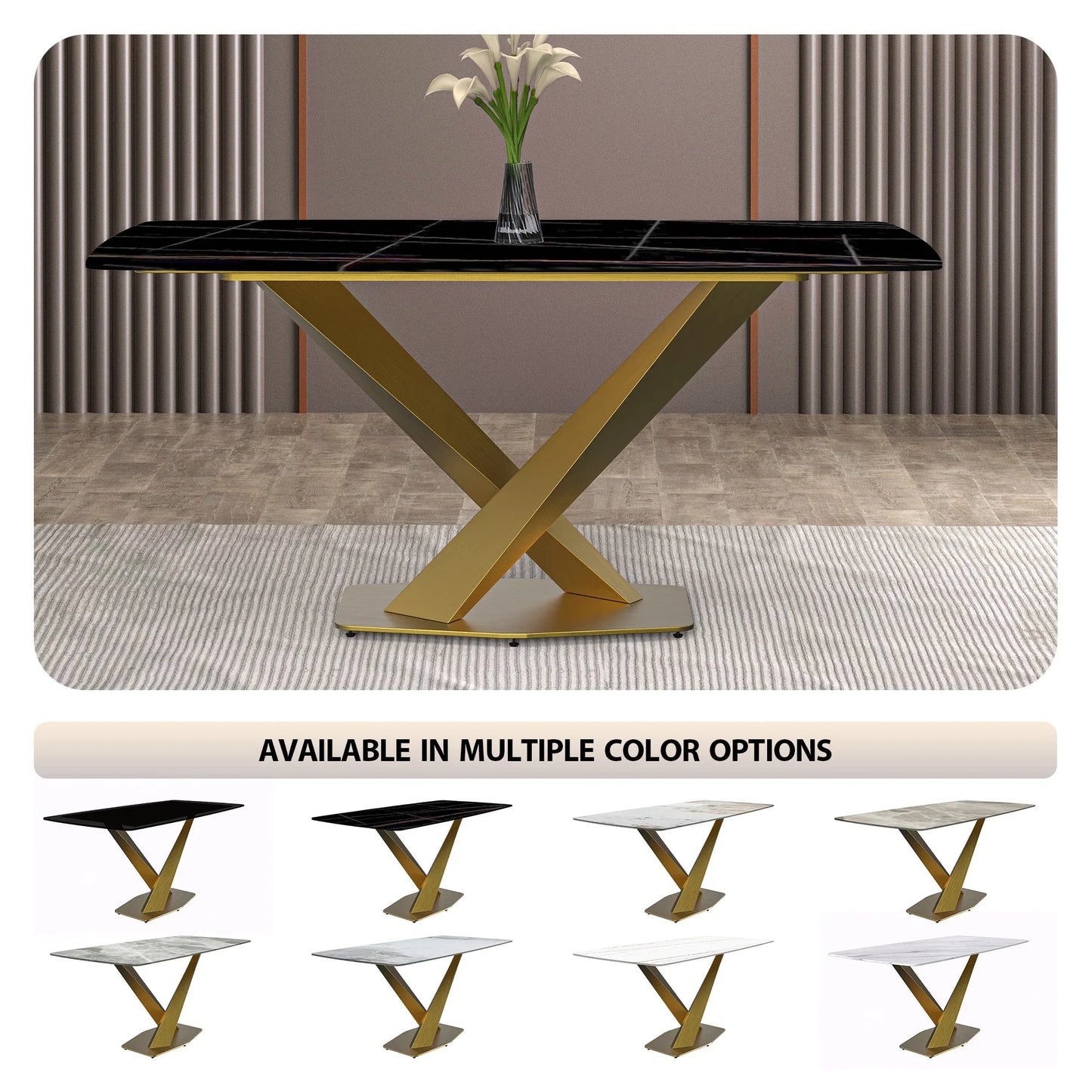 Voren Dining Table with Rectangular Tabletop with Gold/Black Stainless Steel Base - Elax Furniture