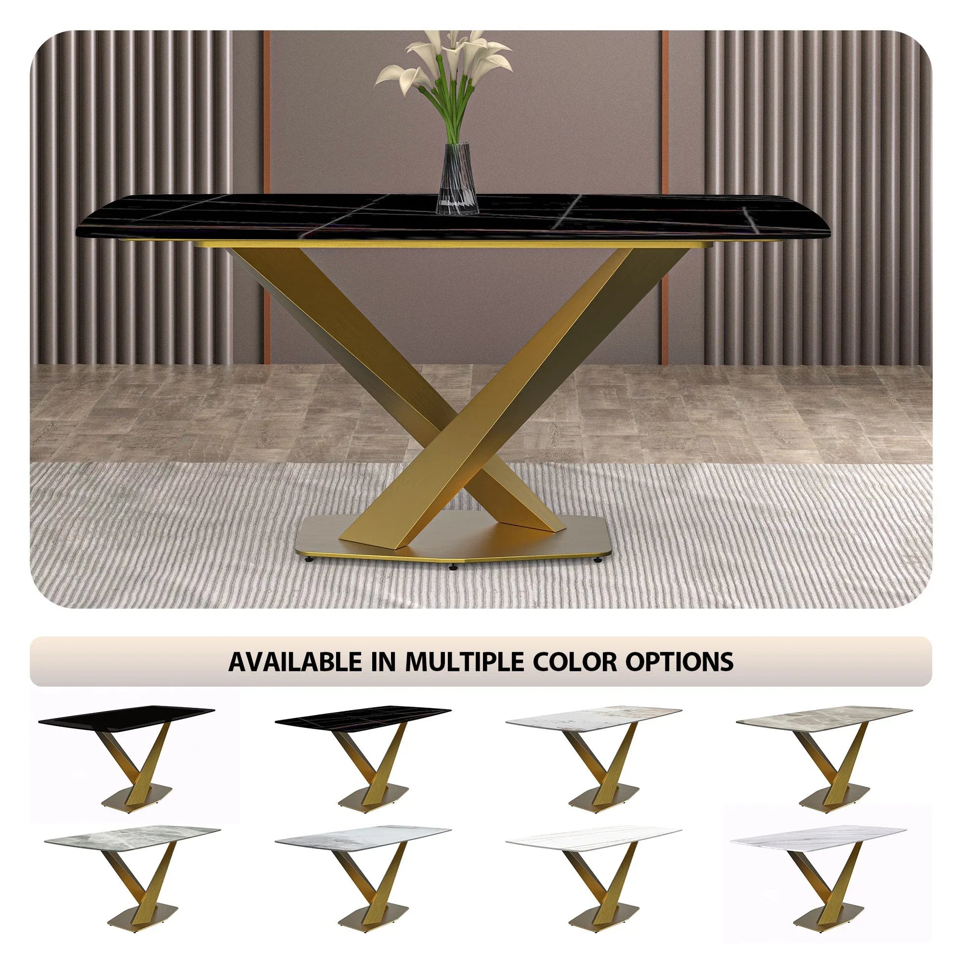 Voren Dining Table with Rectangular Tabletop with Gold/Black Stainless Steel Base - Elax Furniture