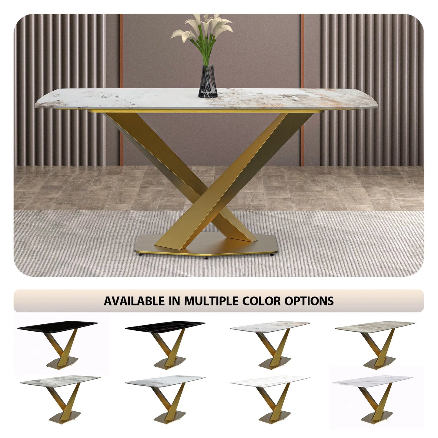 Voren Dining Table with Rectangular Tabletop with Gold/Black Stainless Steel Base - Elax Furniture