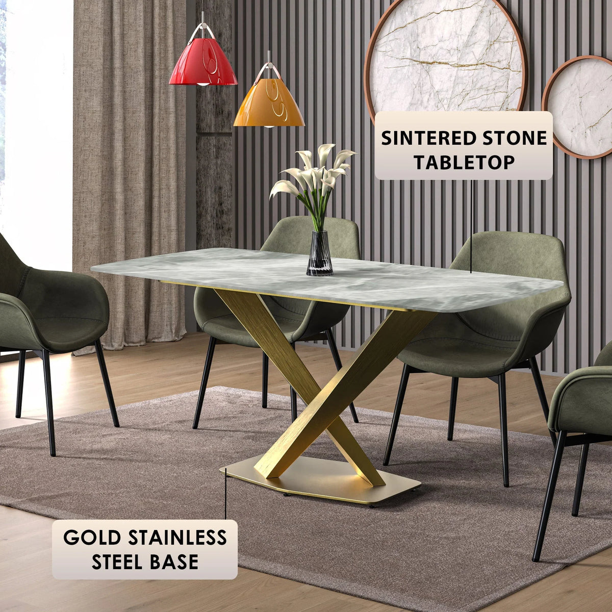 Voren Dining Table with Rectangular Tabletop with Gold/Black Stainless Steel Base - Elax Furniture