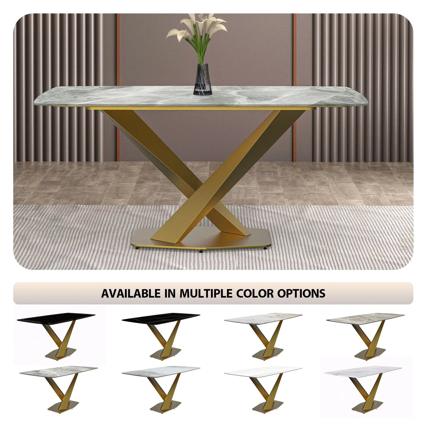 Voren Dining Table with Rectangular Tabletop with Gold/Black Stainless Steel Base - Elax Furniture