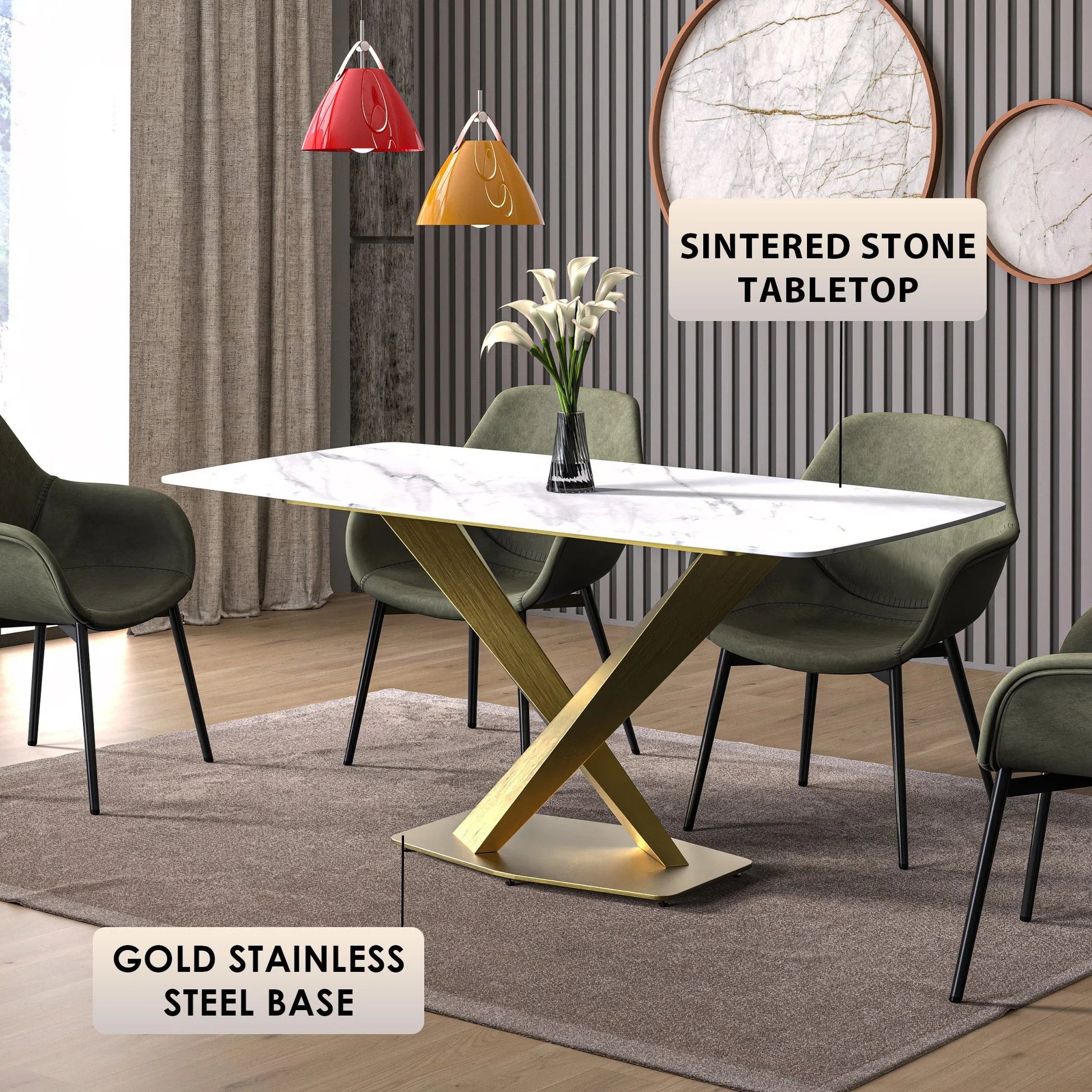 Voren Dining Table with Rectangular Tabletop with Gold/Black Stainless Steel Base - Elax Furniture