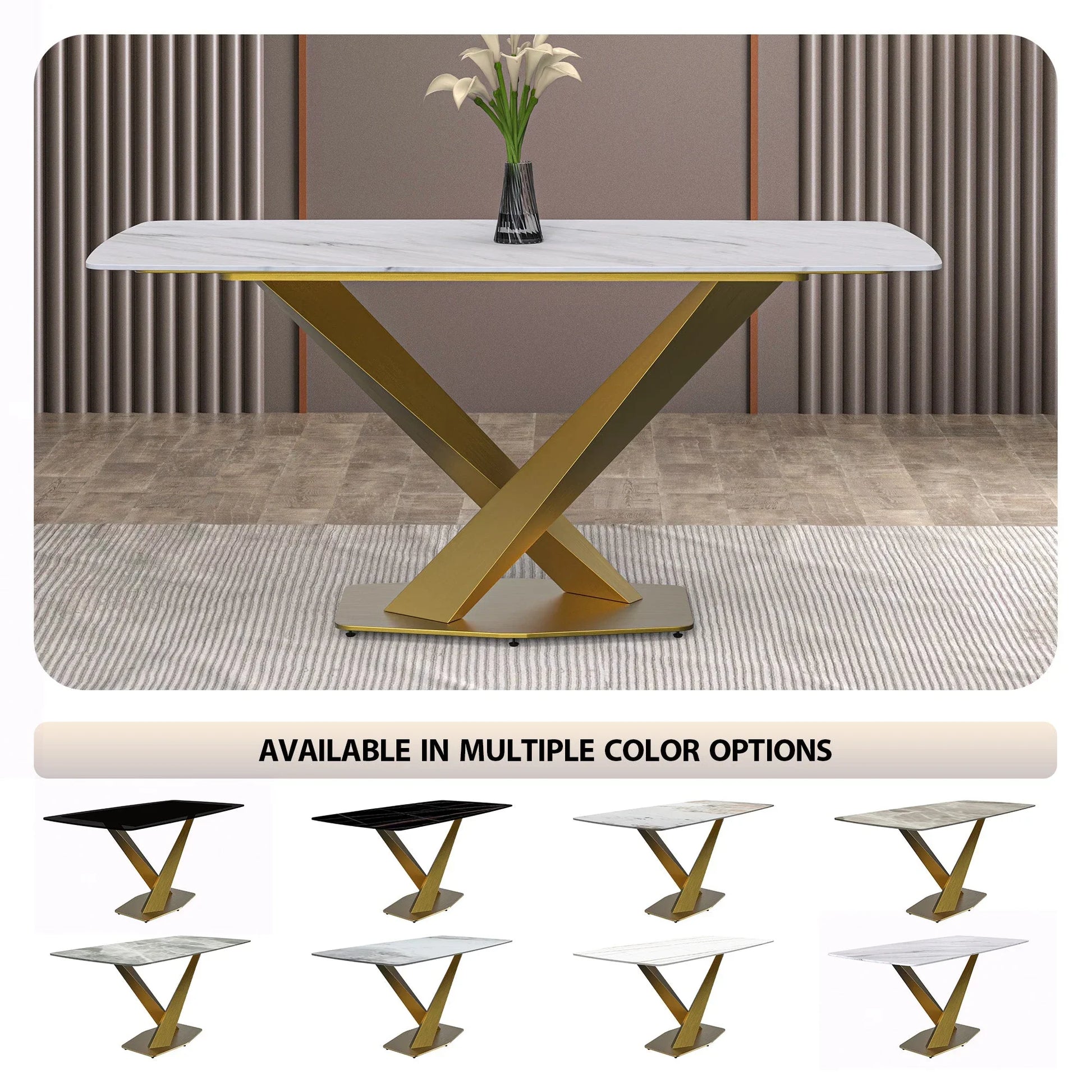Voren Dining Table with Rectangular Tabletop with Gold/Black Stainless Steel Base - Elax Furniture