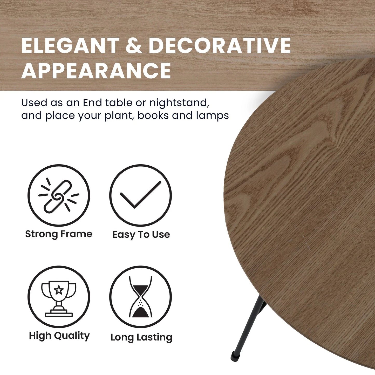 Rossmore Round Side Table with MDF Wood Tabletop in Black Steel - Elax Furniture