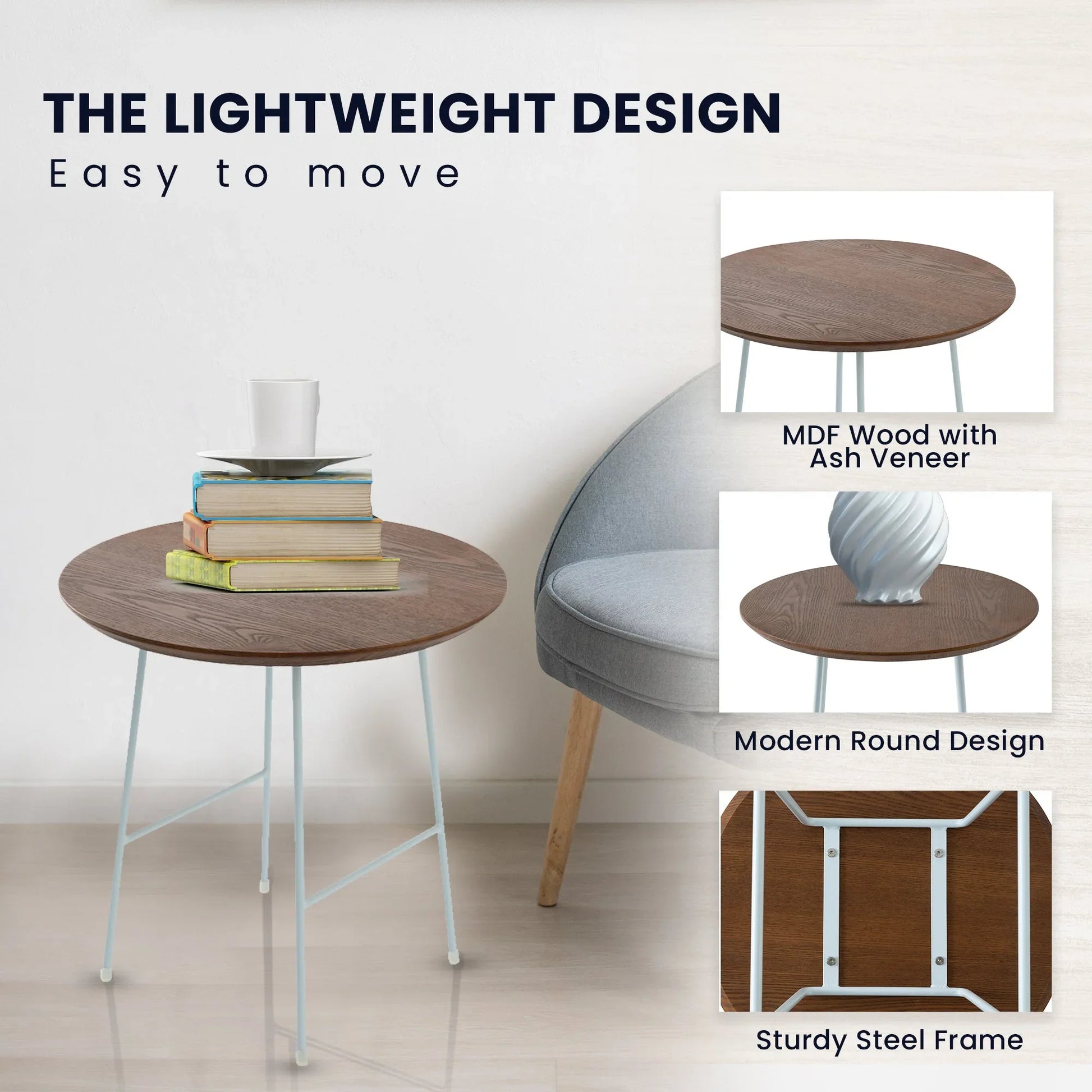 Rossmore Round Side Table with MDF Wood Tabletop in White Steel - Elax Furniture