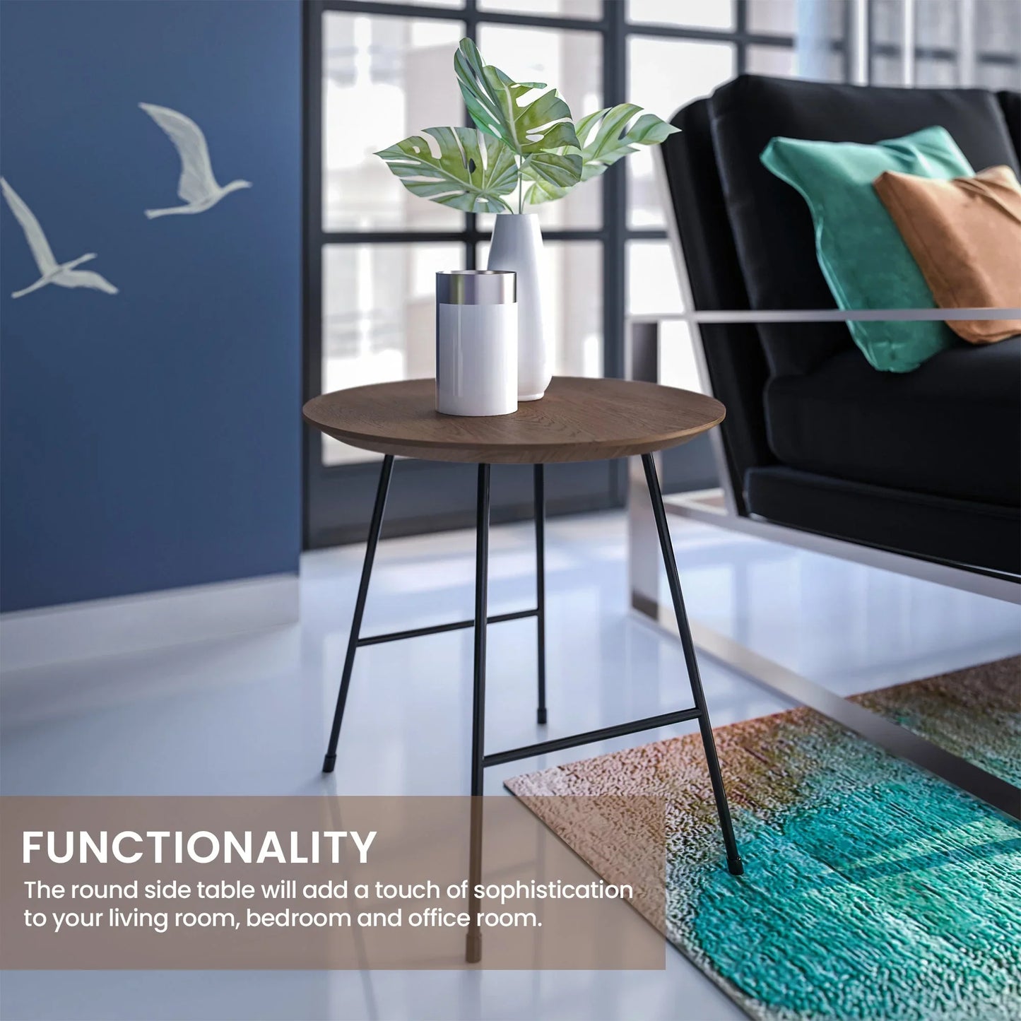 Rossmore Round Side Table with MDF Wood Tabletop in Black Steel - Elax Furniture