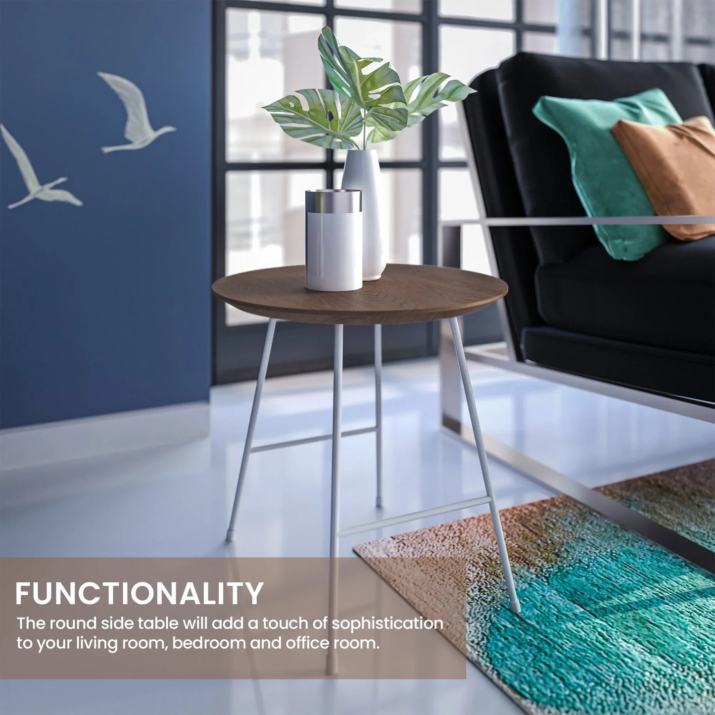 Rossmore Round Side Table with MDF Wood Tabletop in White Steel - Elax Furniture