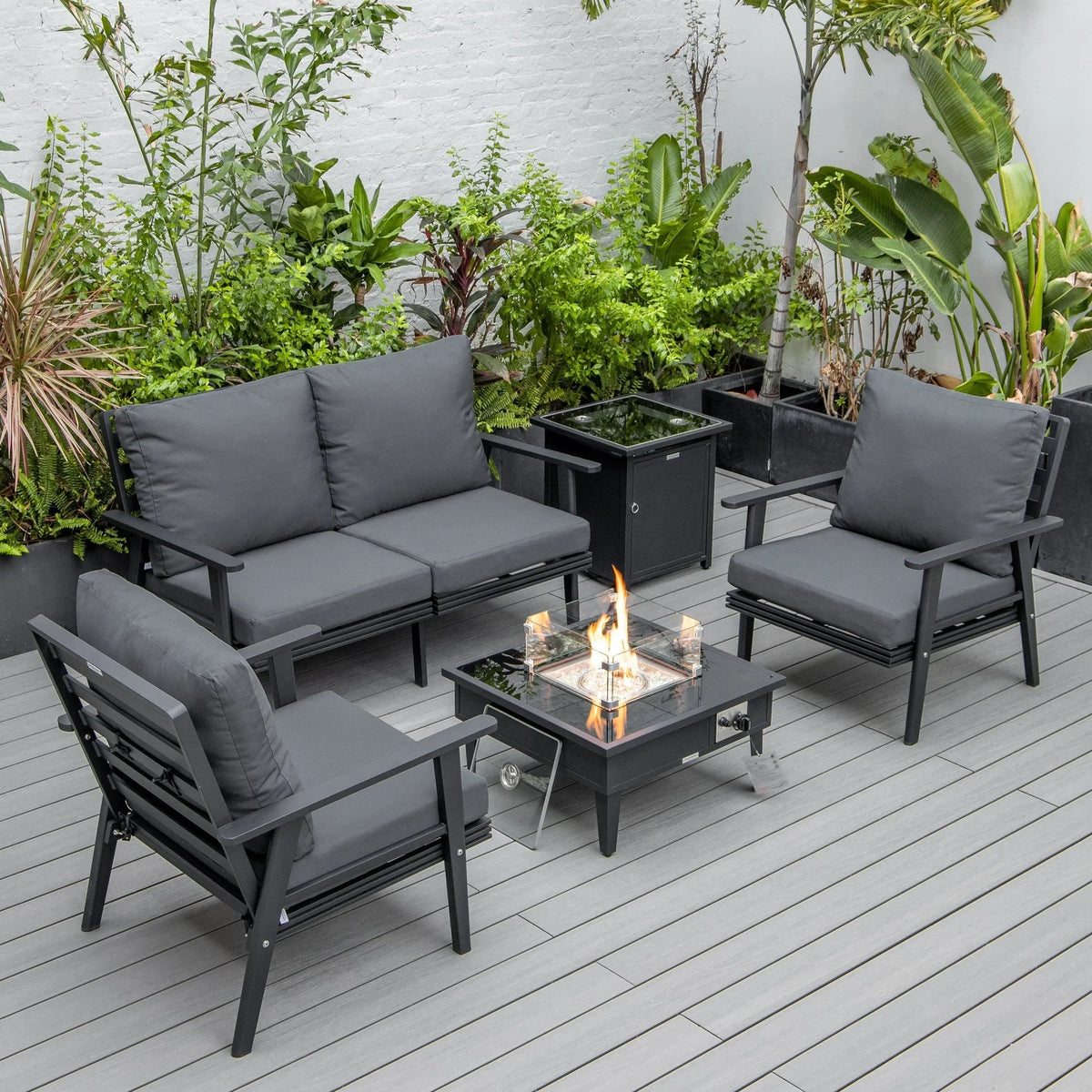 Walbrooke Aluminum Patio Conversation With Fire Pit Table & Tank Holder - Elax Furniture