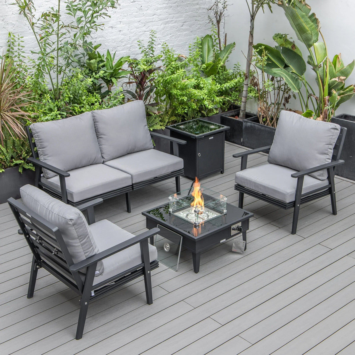 Walbrooke Aluminum Patio Conversation With Fire Pit Table & Tank Holder - Elax Furniture