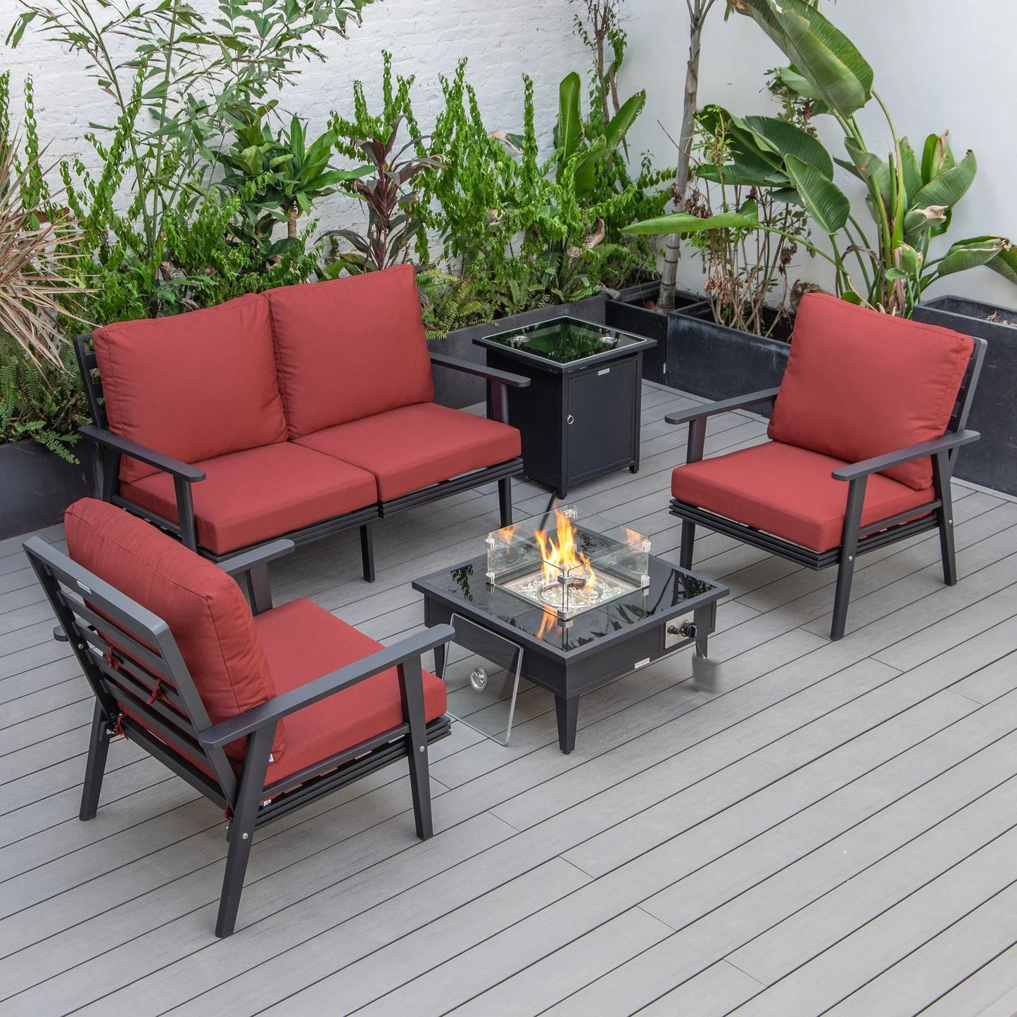 Walbrooke Aluminum Patio Conversation With Fire Pit Table & Tank Holder - Elax Furniture