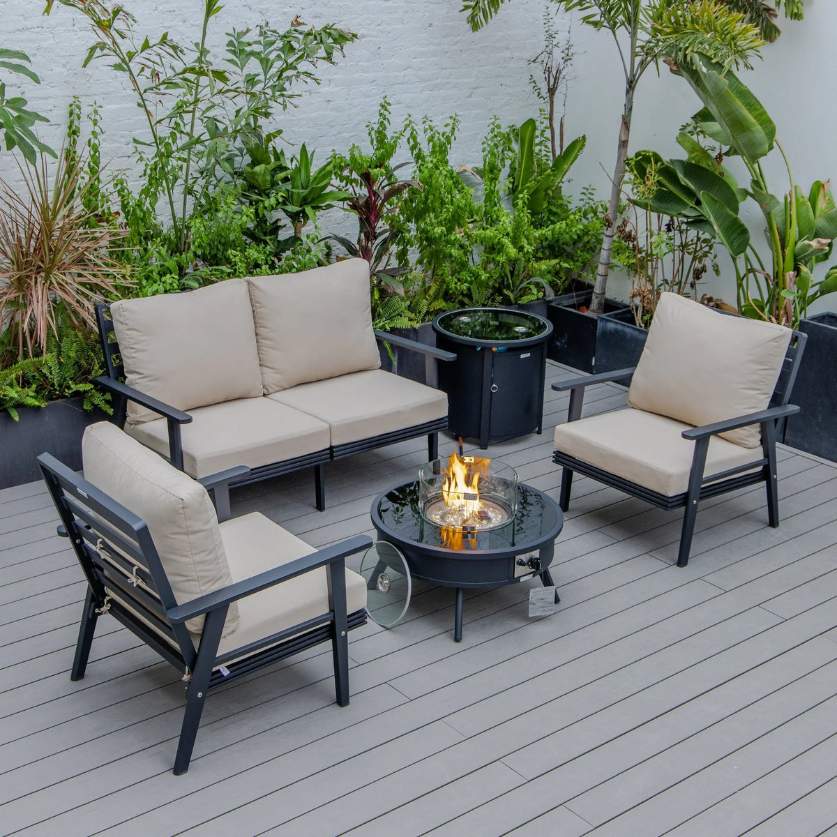 Walbrooke Aluminum Patio Conversation With Fire Pit Table & Tank Holder - Elax Furniture
