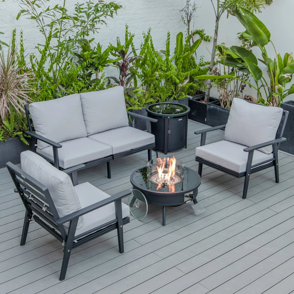 Walbrooke Aluminum Patio Conversation With Fire Pit Table & Tank Holder - Elax Furniture