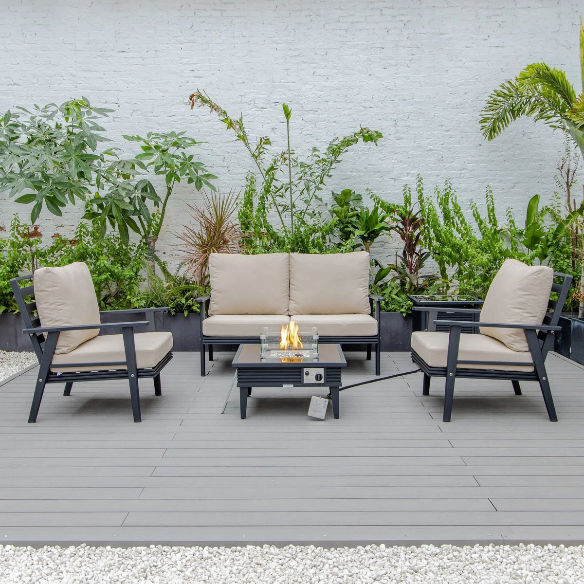 Walbrooke Aluminum Patio Conversation With Slats Design Fire Pit Table & Tank Holder - Elax Furniture