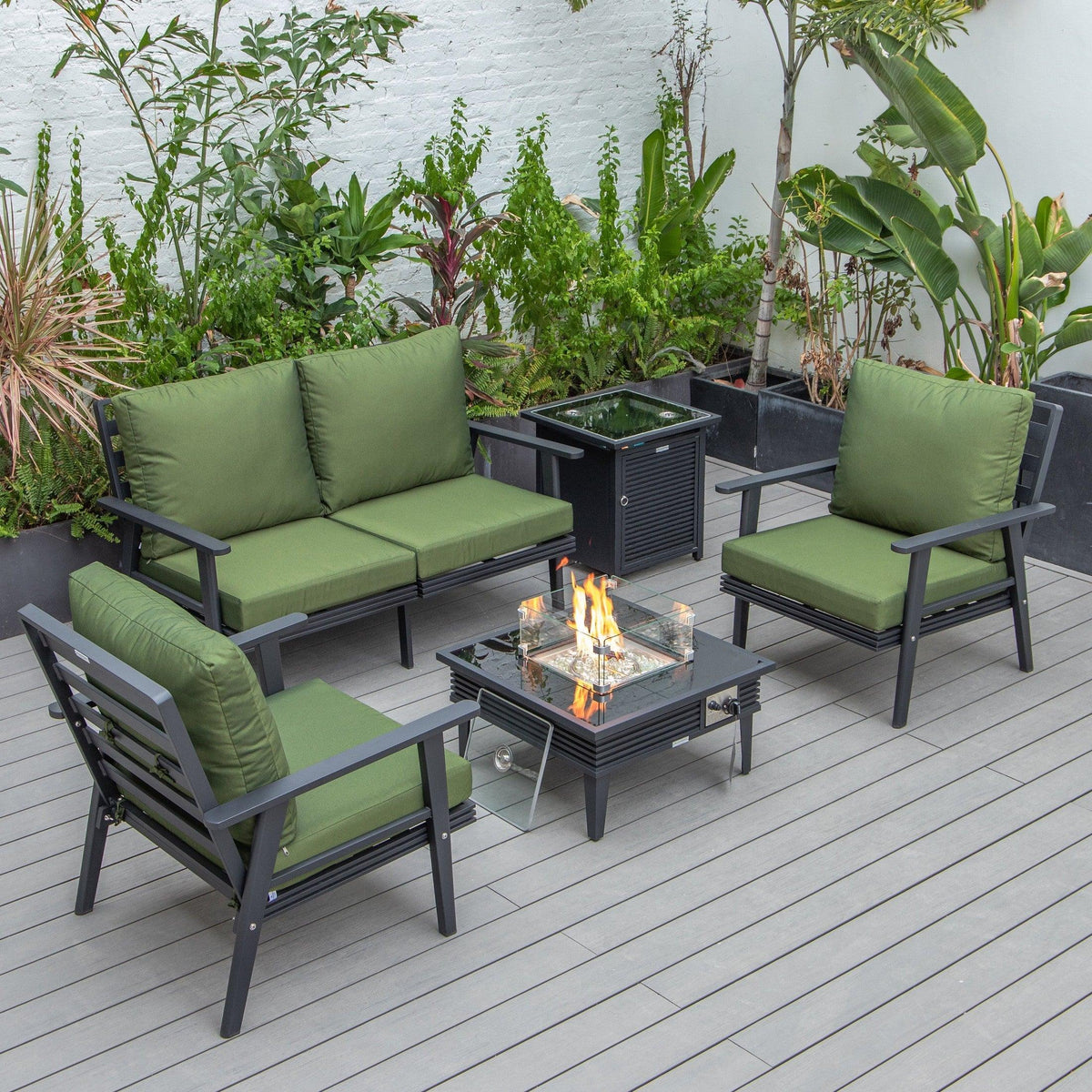Walbrooke Aluminum Patio Conversation With Slats Design Fire Pit Table & Tank Holder - Elax Furniture