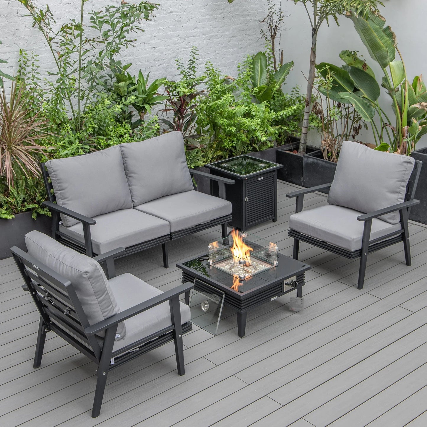 Walbrooke Aluminum Patio Conversation With Slats Design Fire Pit Table & Tank Holder - Elax Furniture