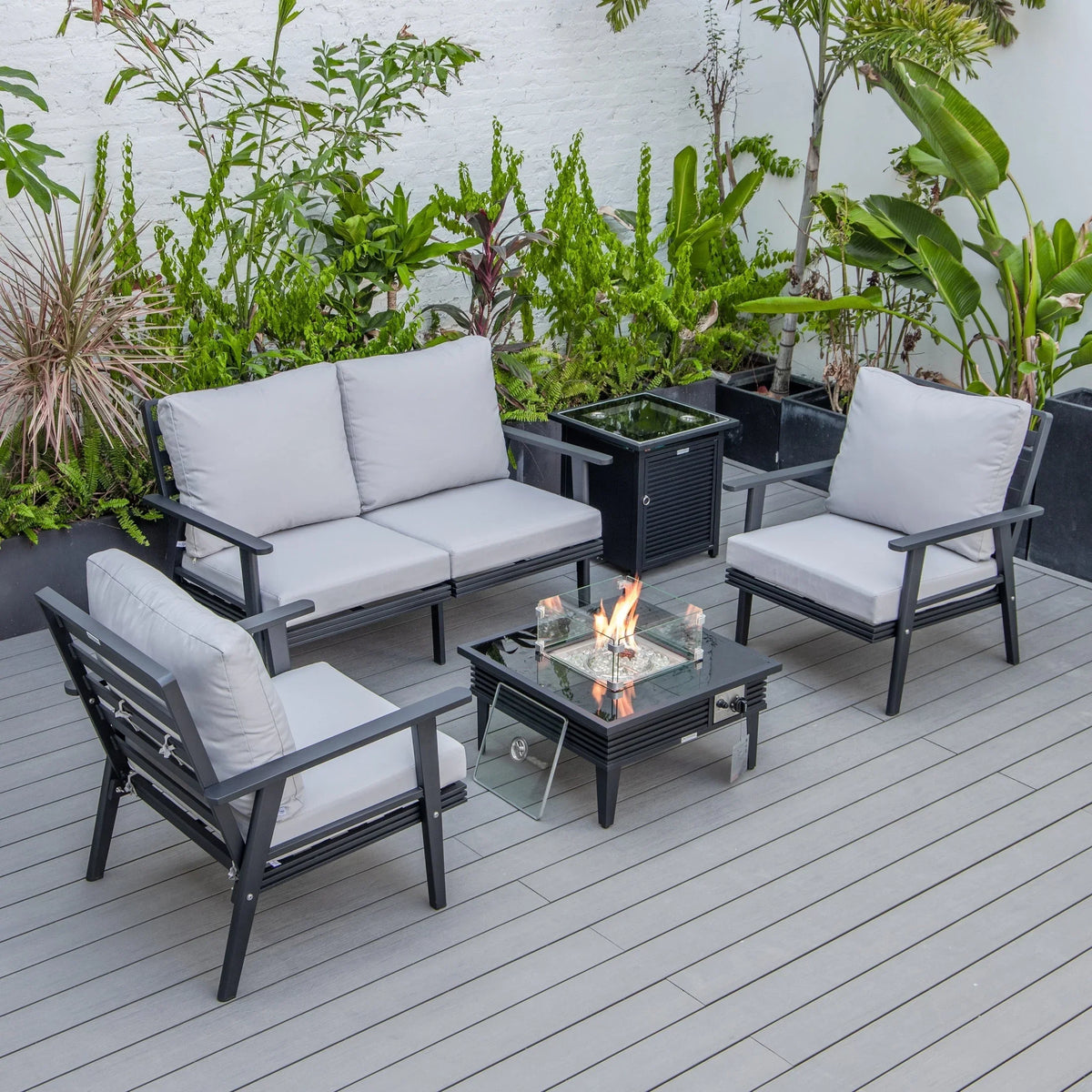 Walbrooke Aluminum Patio Conversation With Slats Design Fire Pit Table & Tank Holder - Elax Furniture