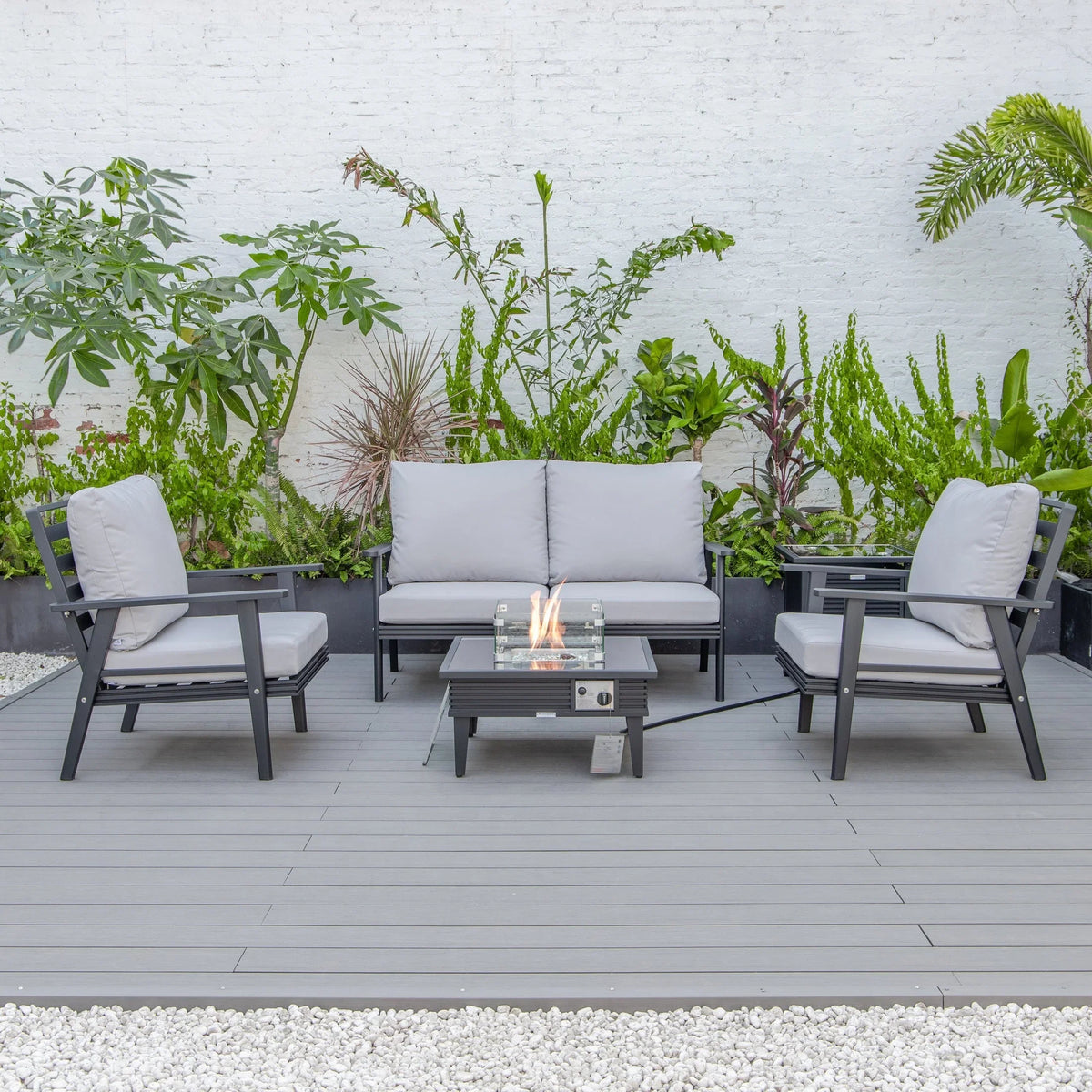 Walbrooke Aluminum Patio Conversation With Slats Design Fire Pit Table & Tank Holder - Elax Furniture