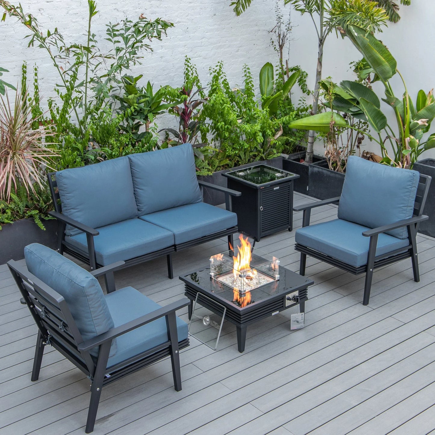 Walbrooke Aluminum Patio Conversation With Slats Design Fire Pit Table & Tank Holder - Elax Furniture