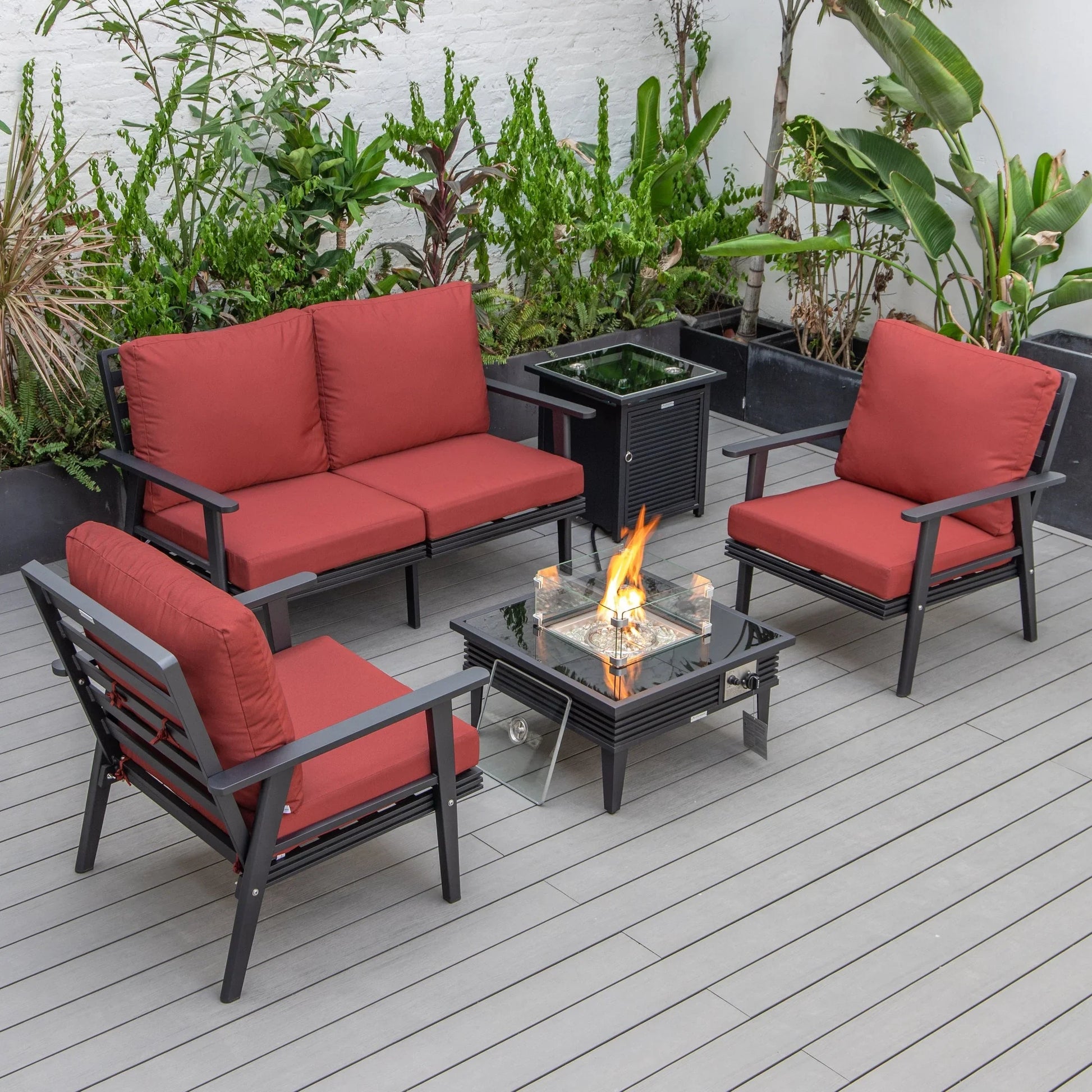 Walbrooke Aluminum Patio Conversation With Slats Design Fire Pit Table & Tank Holder - Elax Furniture