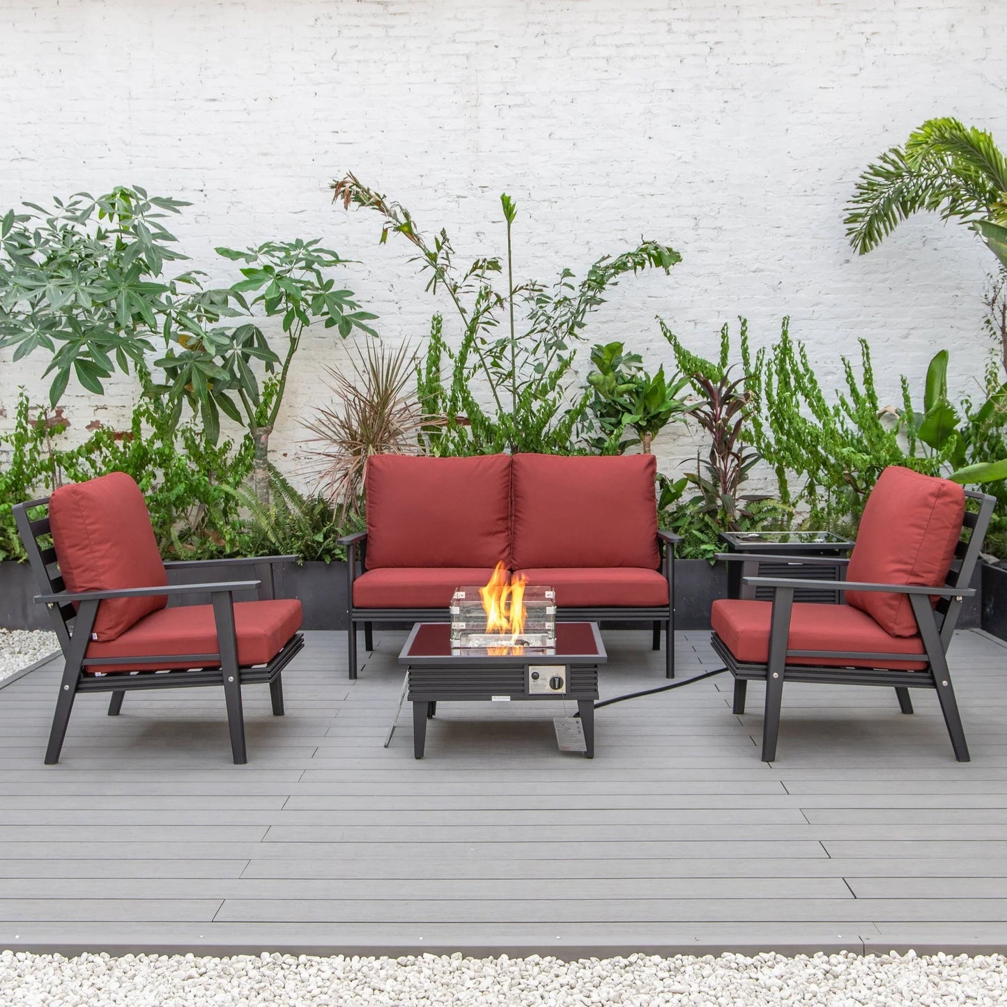 Walbrooke Aluminum Patio Conversation With Slats Design Fire Pit Table & Tank Holder - Elax Furniture