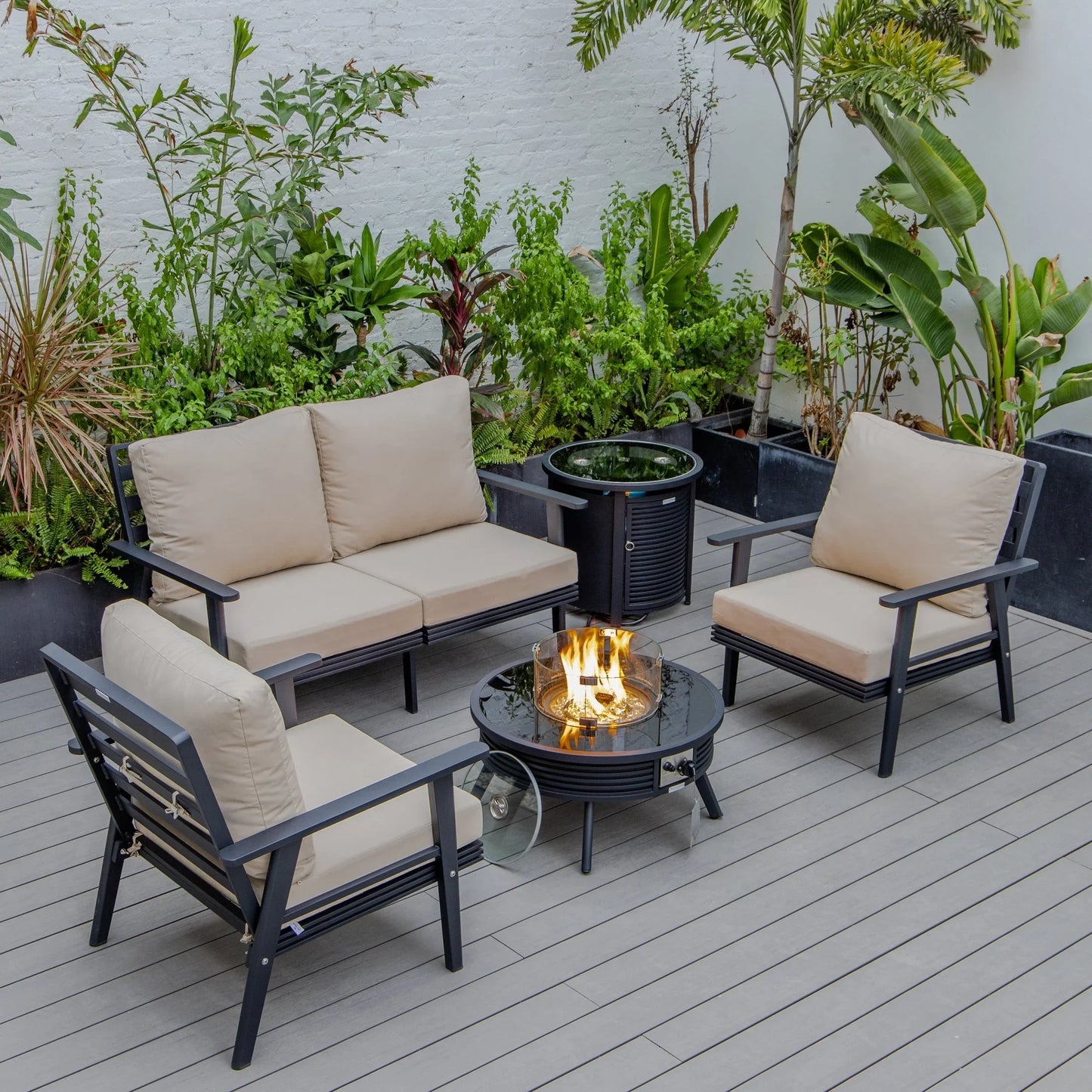 Walbrooke Aluminum Patio Conversation With Slats Design Fire Pit Table & Tank Holder - Elax Furniture