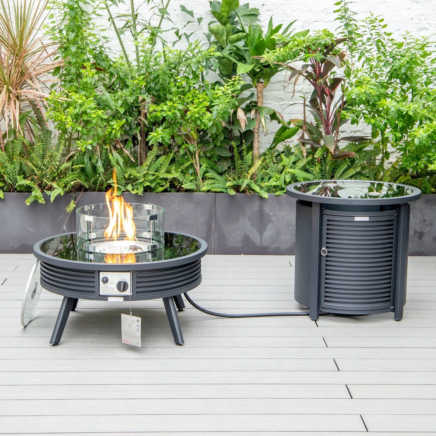 Walbrooke Aluminum Patio Conversation With Slats Design Fire Pit Table & Tank Holder - Elax Furniture