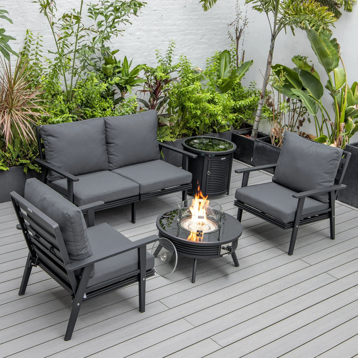 Walbrooke Aluminum Patio Conversation With Slats Design Fire Pit Table & Tank Holder - Elax Furniture