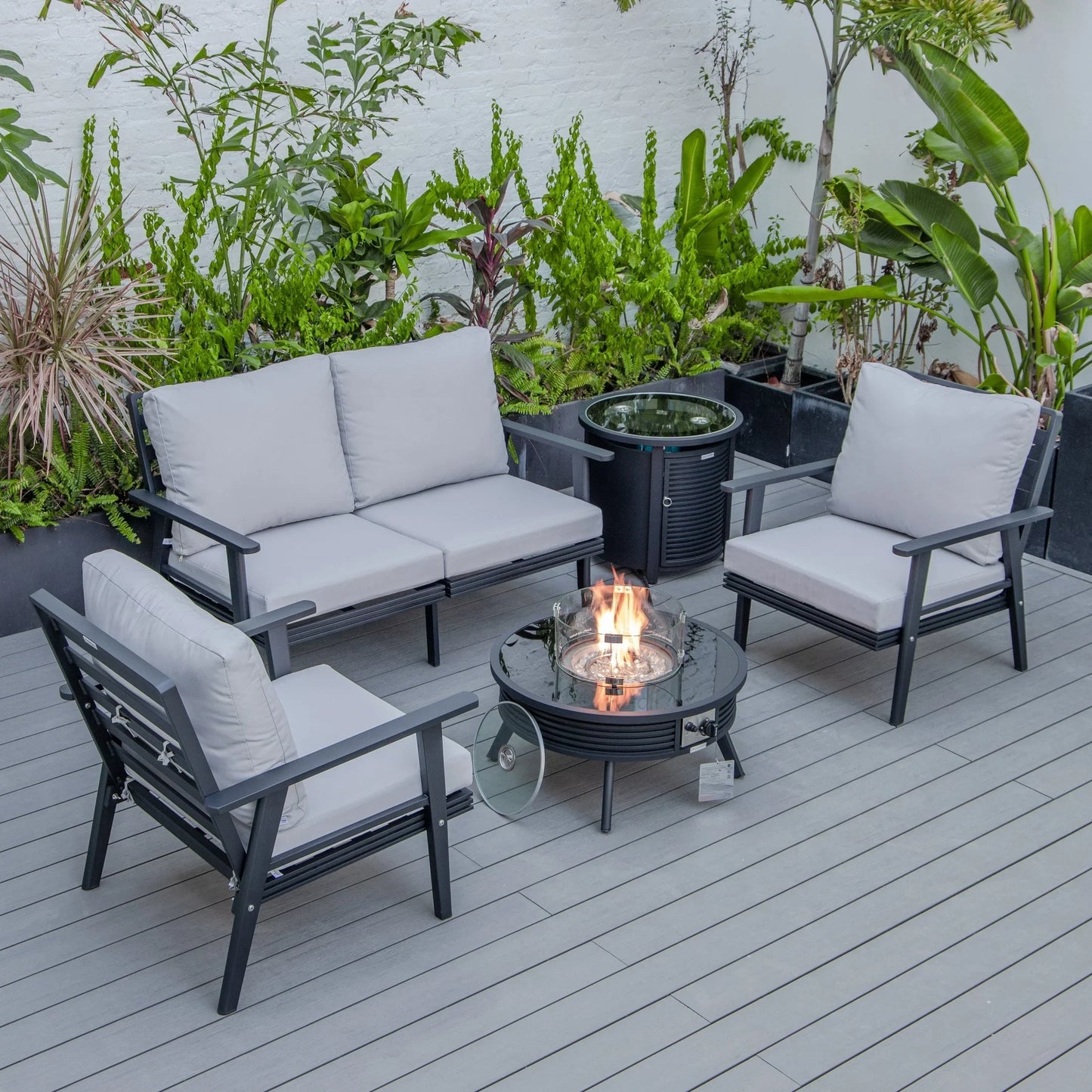 Walbrooke Aluminum Patio Conversation With Slats Design Fire Pit Table & Tank Holder - Elax Furniture