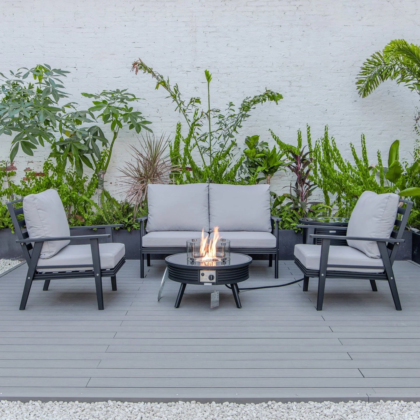 Walbrooke Aluminum Patio Conversation With Slats Design Fire Pit Table & Tank Holder - Elax Furniture