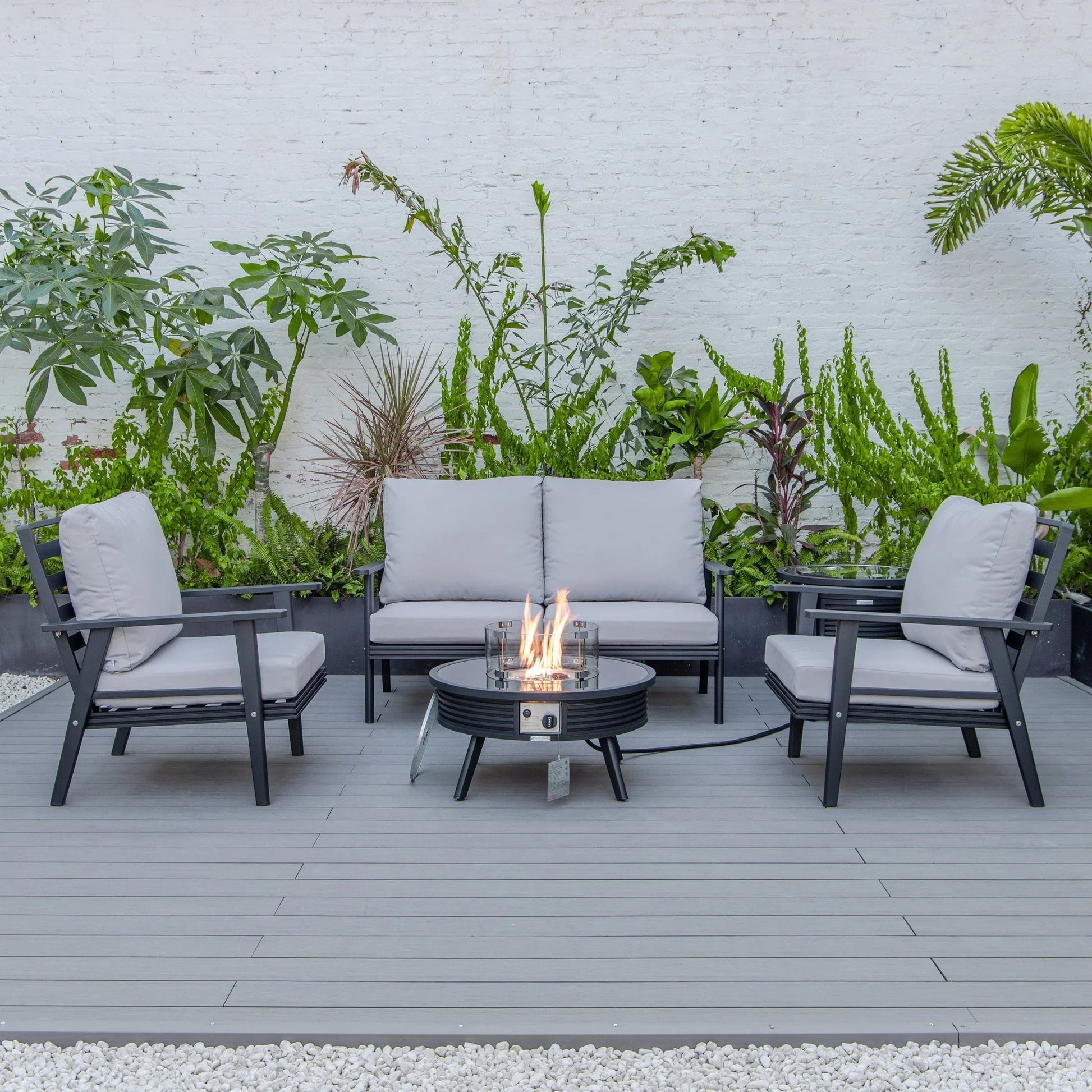 Walbrooke Aluminum Patio Conversation With Slats Design Fire Pit Table & Tank Holder - Elax Furniture