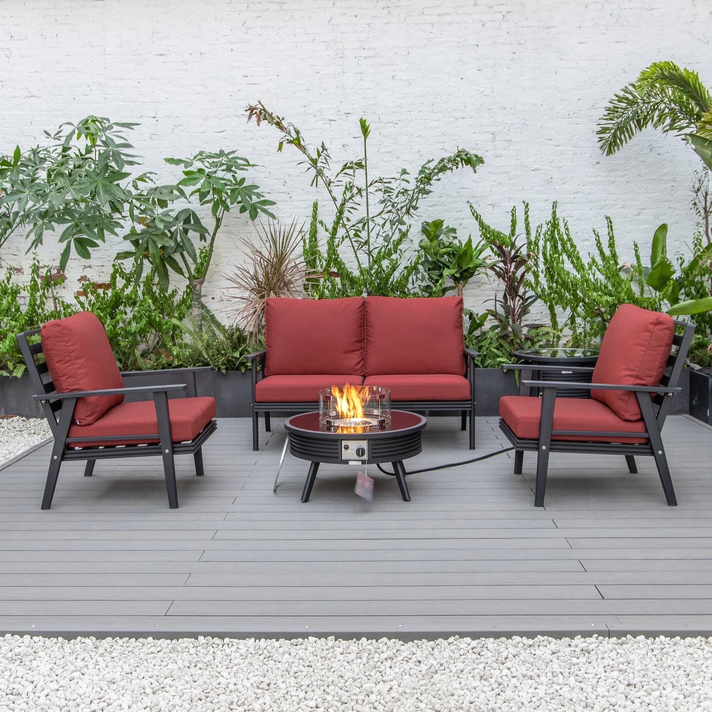 Walbrooke Aluminum Patio Conversation With Slats Design Fire Pit Table & Tank Holder - Elax Furniture