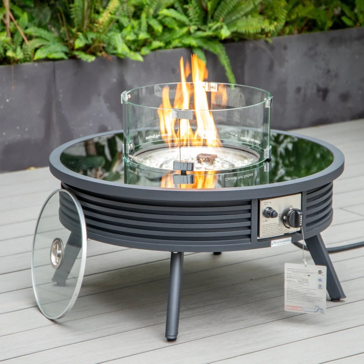 Walbrooke Modern Outdoor Round Fire Pit Table with Powder-Coated Aliuminum Frame and Slats Design - Elax Furniture