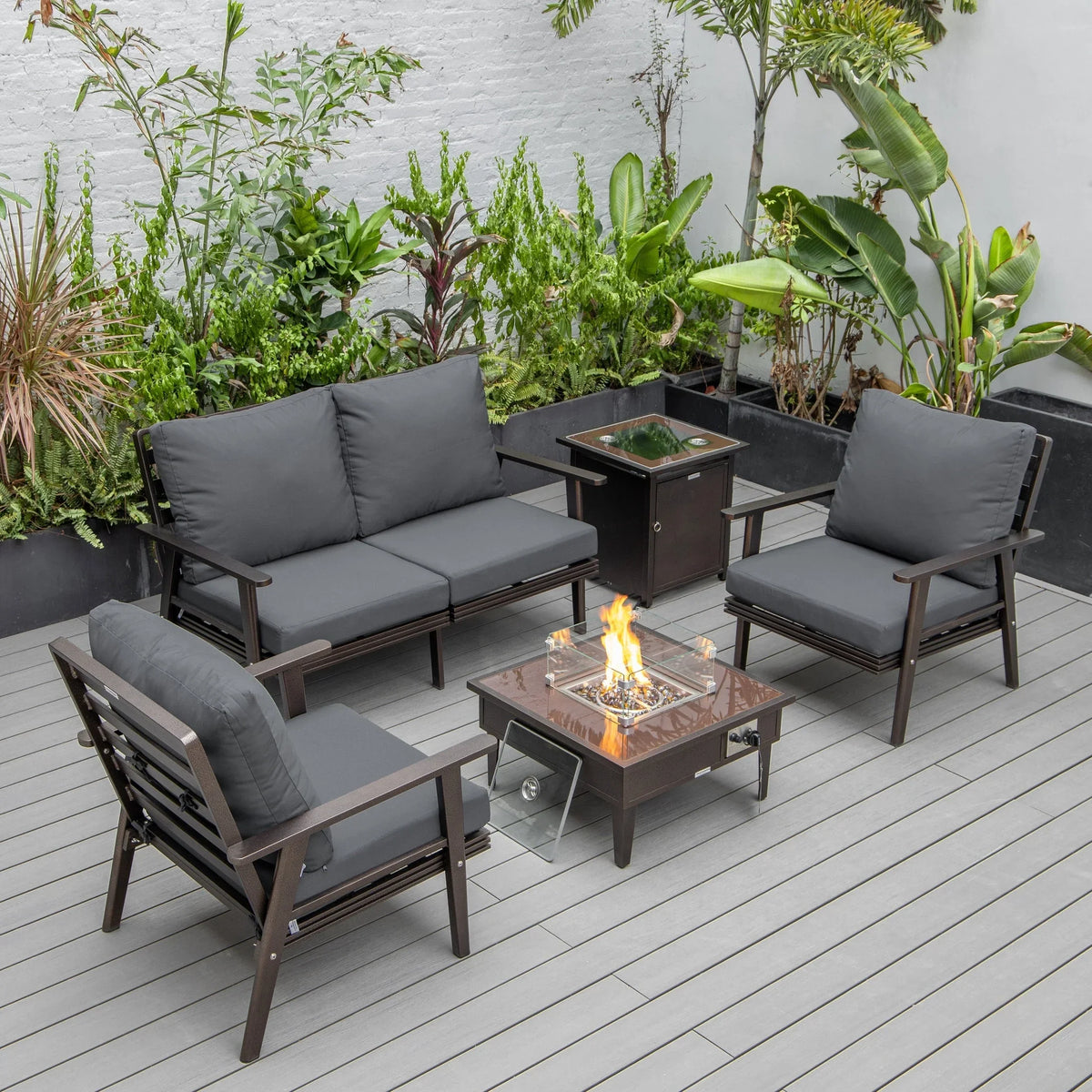 Walbrooke Aluminum Patio Conversation With Fire Pit Table & Tank Holder - Elax Furniture
