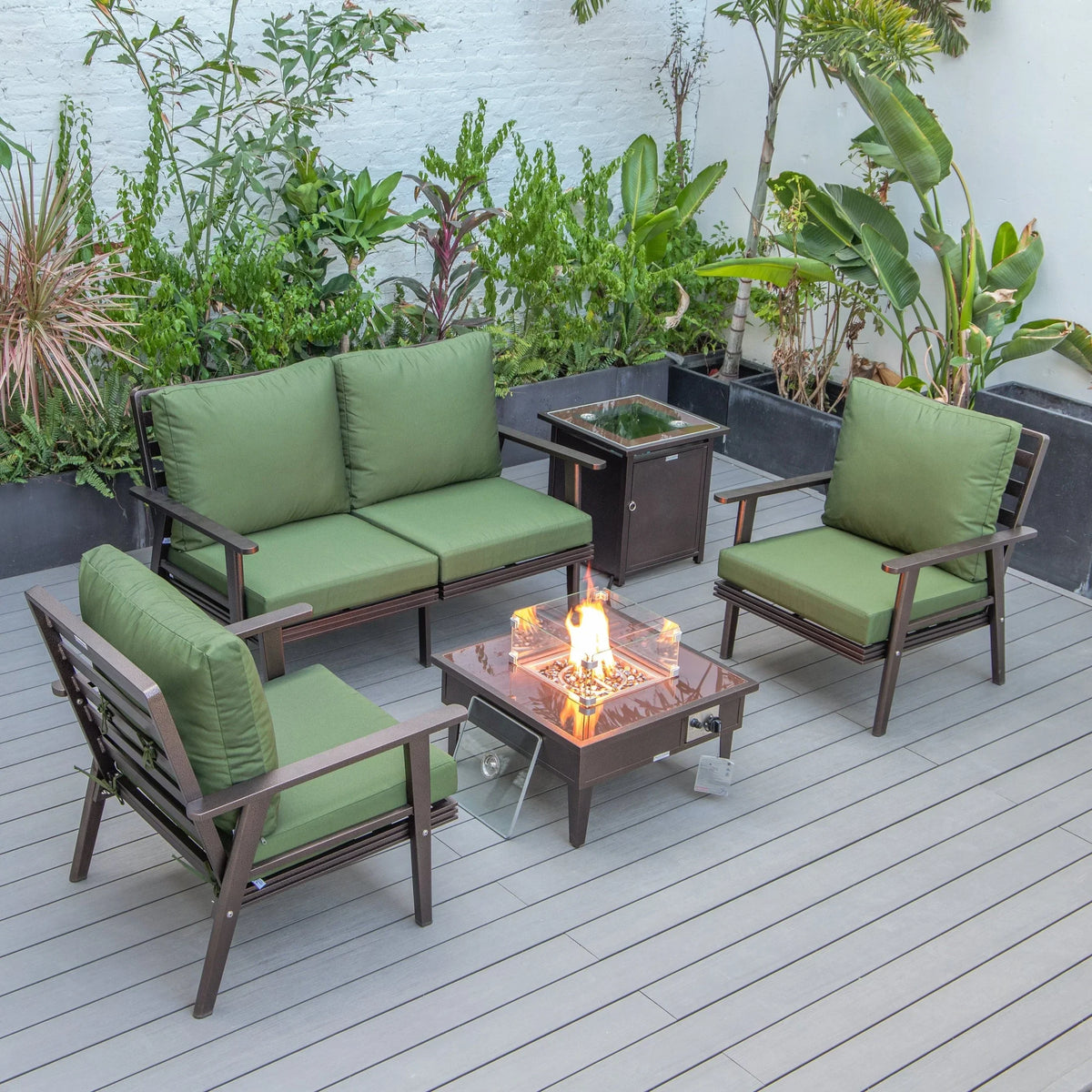 Walbrooke Aluminum Patio Conversation With Fire Pit Table & Tank Holder - Elax Furniture