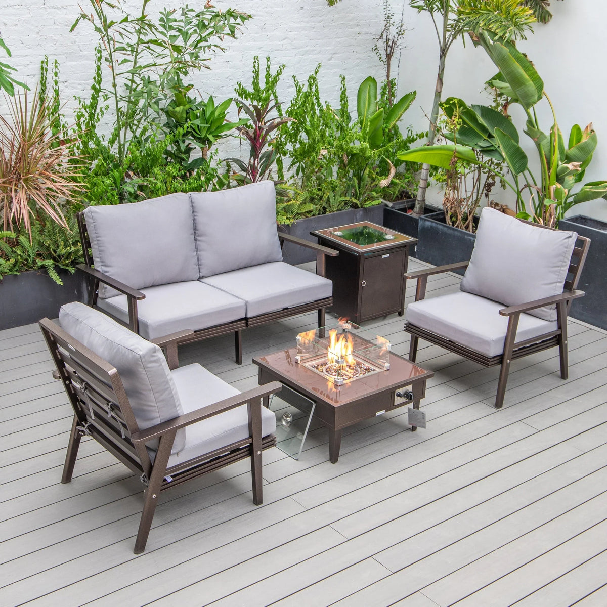 Walbrooke Aluminum Patio Conversation With Fire Pit Table & Tank Holder - Elax Furniture