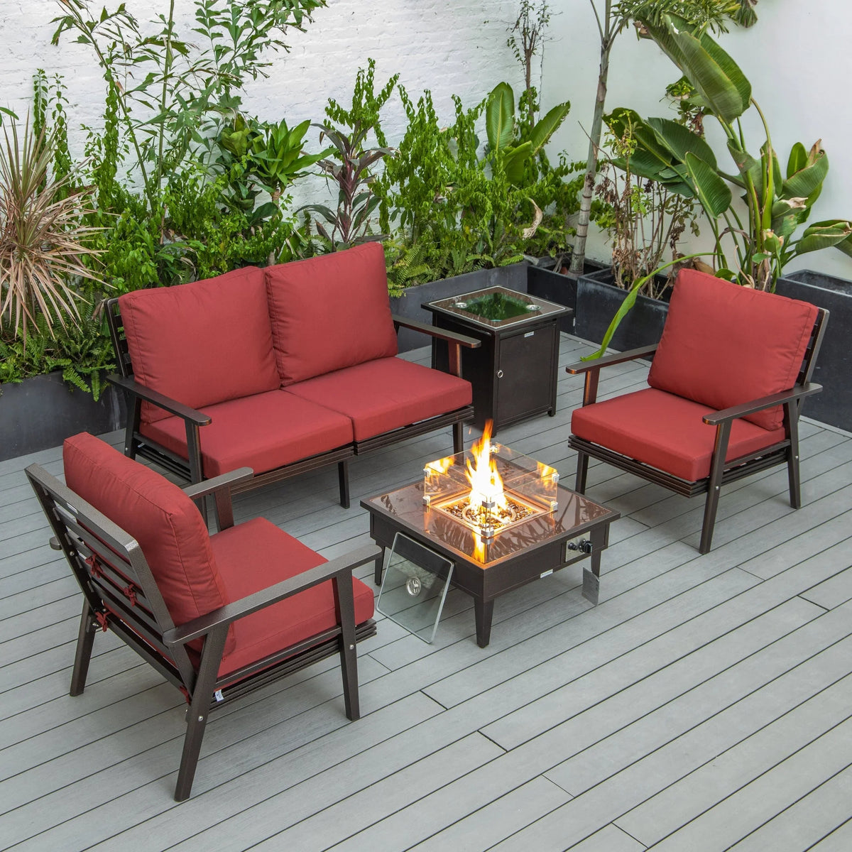 Walbrooke Aluminum Patio Conversation With Fire Pit Table & Tank Holder - Elax Furniture