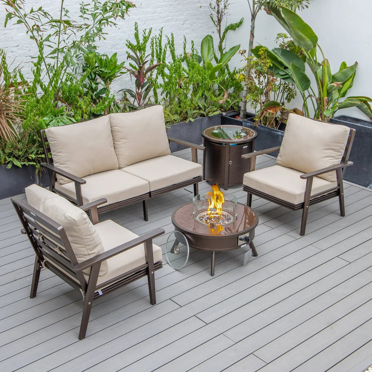 Walbrooke Aluminum Patio Conversation With Fire Pit Table & Tank Holder - Elax Furniture