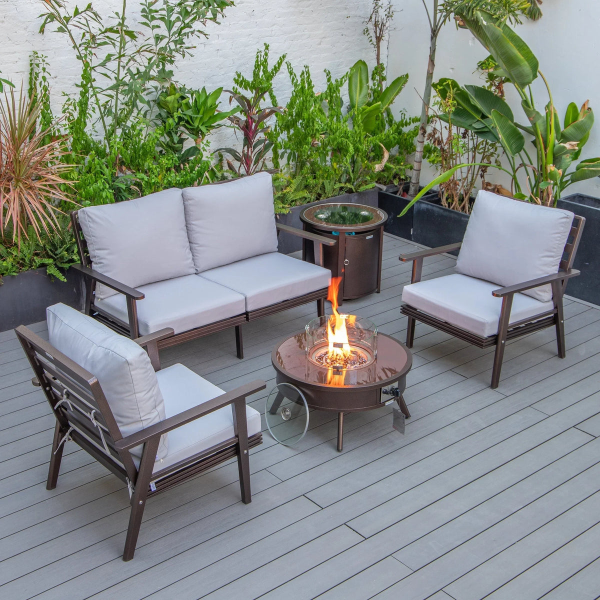 Walbrooke Aluminum Patio Conversation With Fire Pit Table & Tank Holder - Elax Furniture