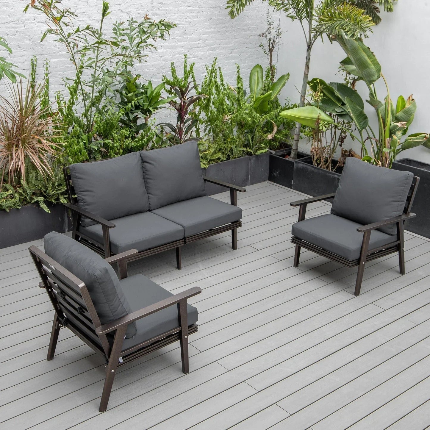 Walbrooke Modern 3-Piece Outdoor Patio Set with Brown Aluminum Frame and Removable Cushions Loveseat and Set of 2 Armchairs - Elax Furniture