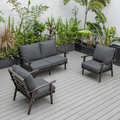 Walbrooke Modern 3-Piece Outdoor Patio Set with Brown Aluminum Frame and Removable Cushions Loveseat and Set of 2 Armchairs - Elax Furniture