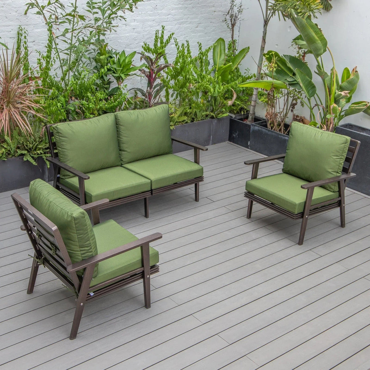 Walbrooke Modern 3-Piece Outdoor Patio Set with Brown Aluminum Frame and Removable Cushions Loveseat and Set of 2 Armchairs - Elax Furniture