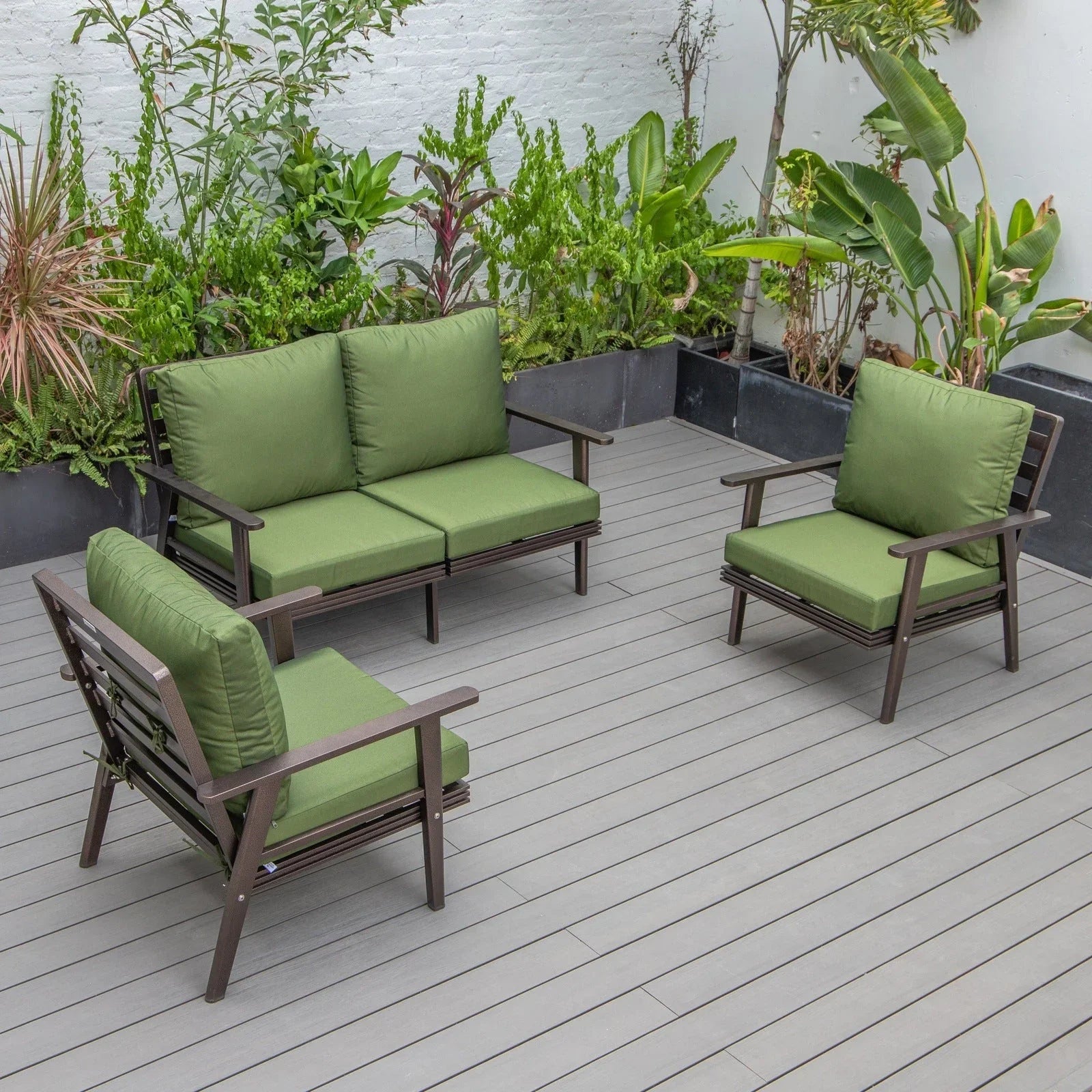 Walbrooke Modern 3-Piece Outdoor Patio Set with Brown Aluminum Frame and Removable Cushions Loveseat and Set of 2 Armchairs - Elax Furniture