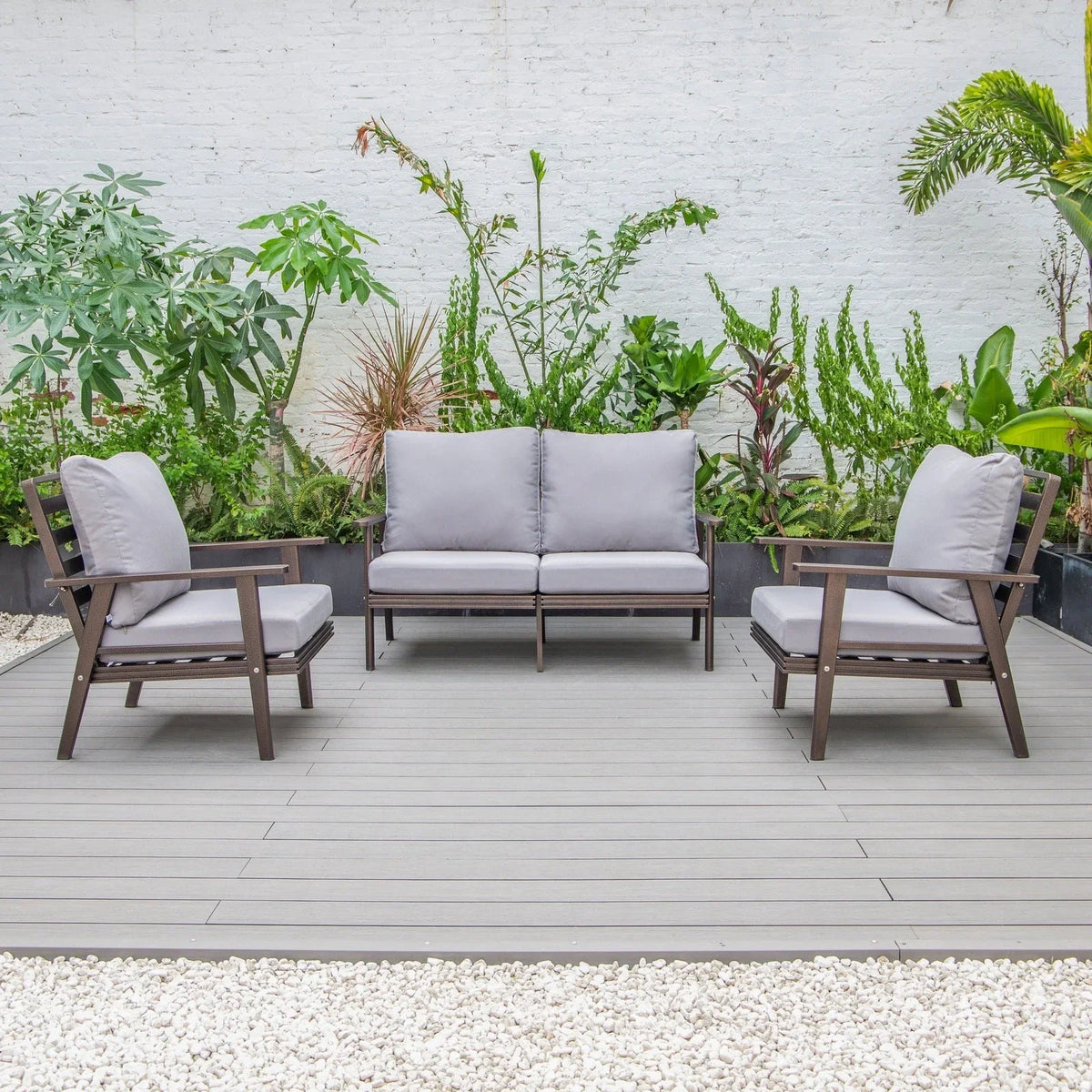 Walbrooke Modern 3-Piece Outdoor Patio Set with Brown Aluminum Frame and Removable Cushions Loveseat and Set of 2 Armchairs - Elax Furniture
