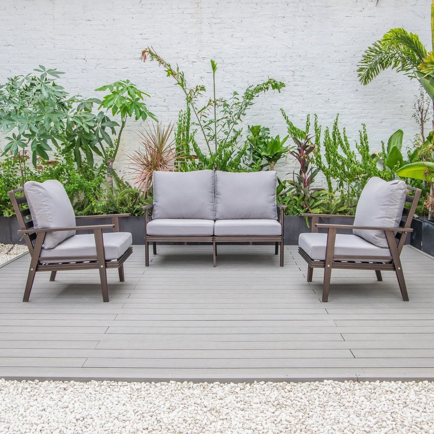 Walbrooke Modern 3-Piece Outdoor Patio Set with Brown Aluminum Frame and Removable Cushions Loveseat and Set of 2 Armchairs - Elax Furniture