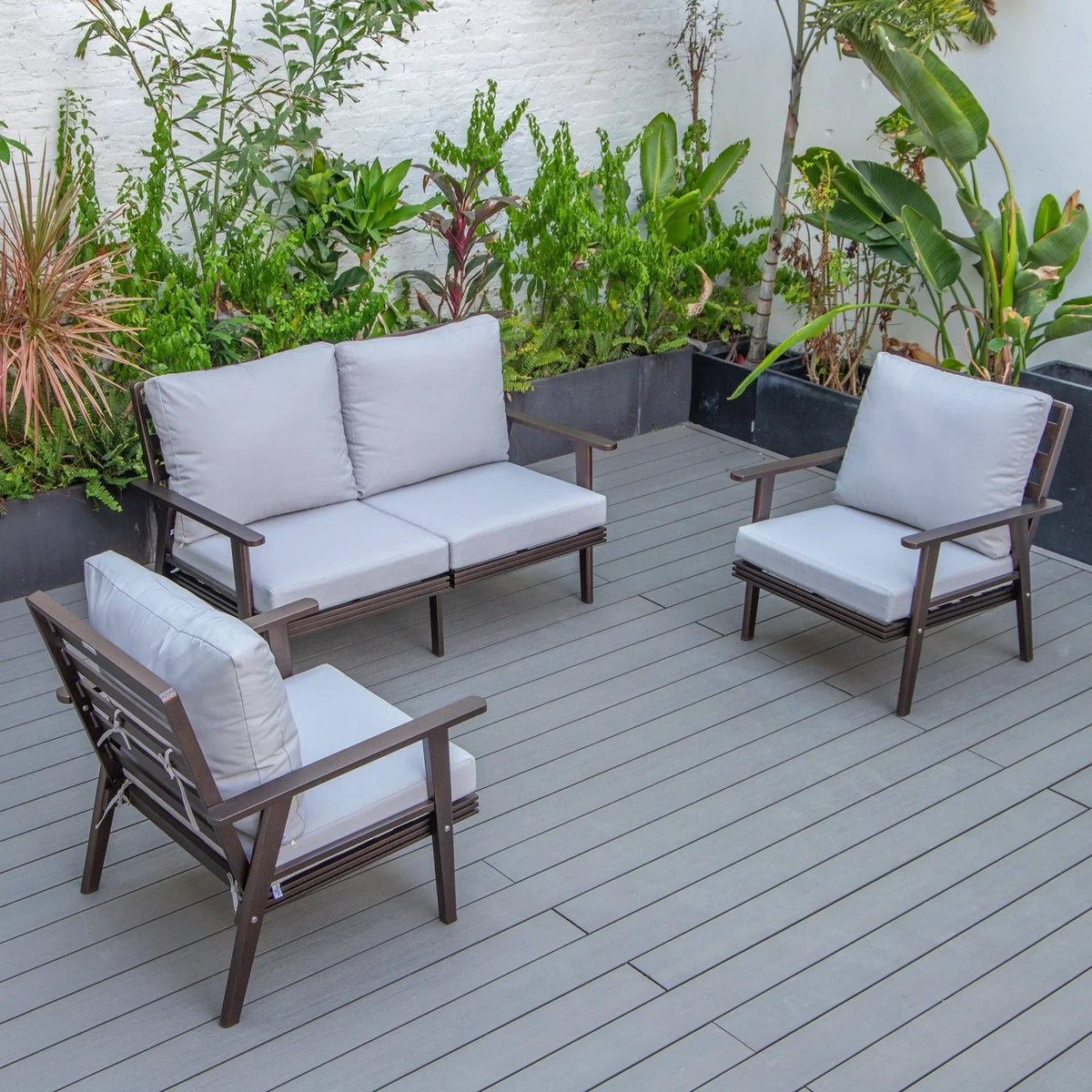 Walbrooke Modern 3-Piece Outdoor Patio Set with Brown Aluminum Frame and Removable Cushions Loveseat and Set of 2 Armchairs - Elax Furniture