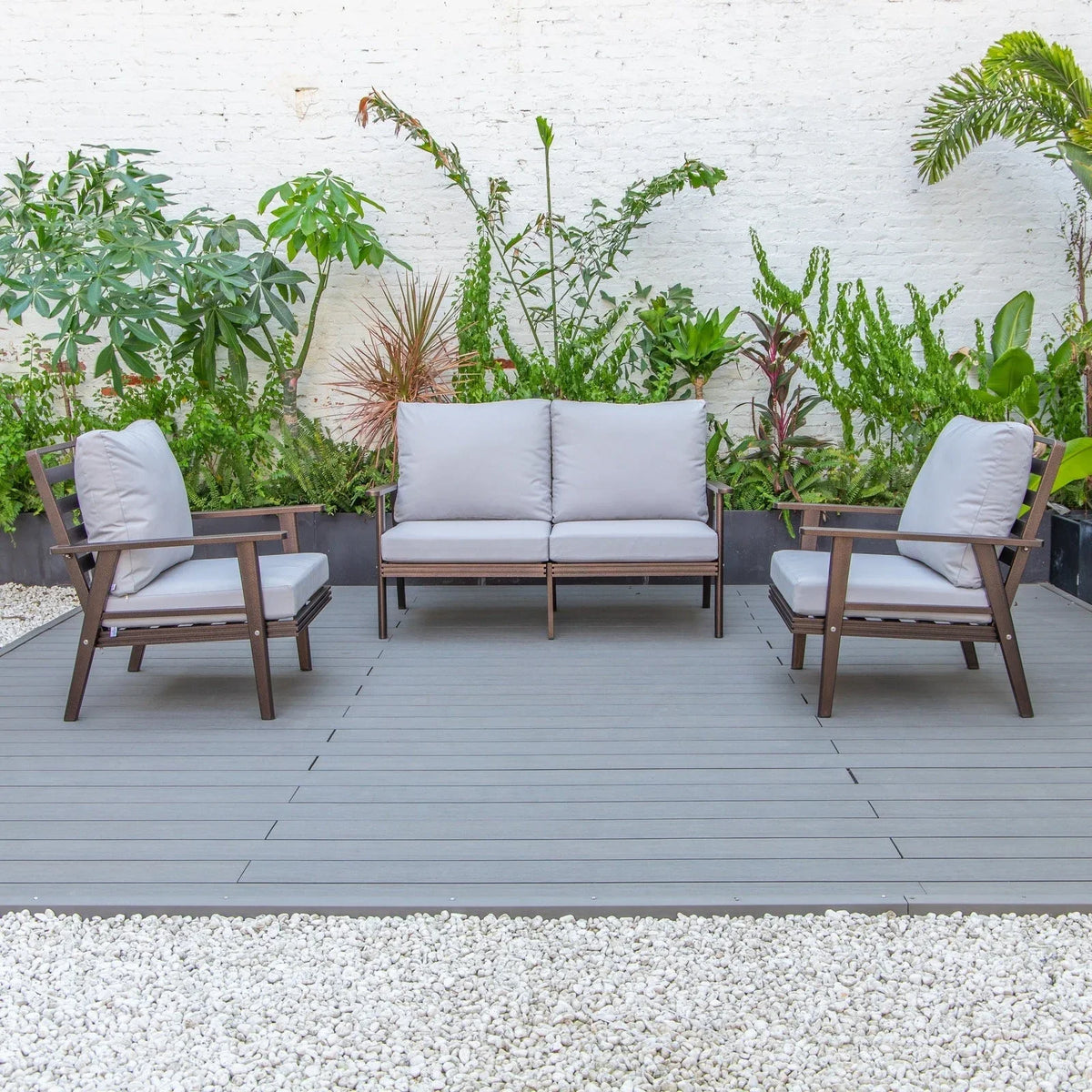 Walbrooke Modern 3-Piece Outdoor Patio Set with Brown Aluminum Frame and Removable Cushions Loveseat and Set of 2 Armchairs - Elax Furniture