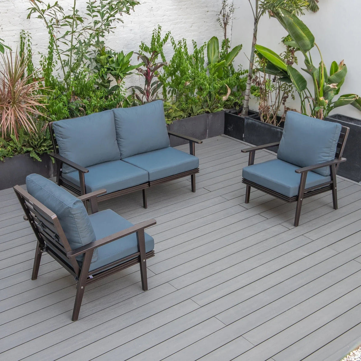 Walbrooke Modern 3-Piece Outdoor Patio Set with Brown Aluminum Frame and Removable Cushions Loveseat and Set of 2 Armchairs - Elax Furniture