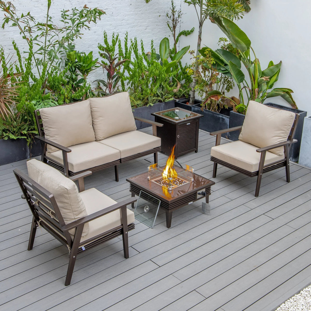 Walbrooke Aluminum Patio Conversation With Slats Design Fire Pit Table & Tank Holder - Elax Furniture