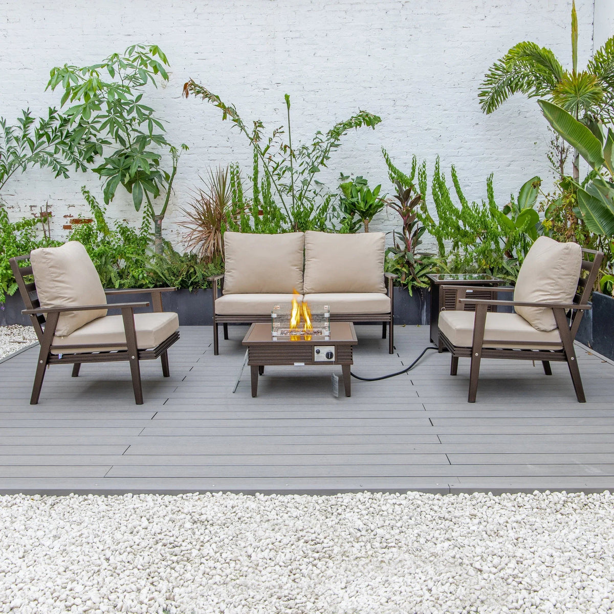 Walbrooke Aluminum Patio Conversation With Slats Design Fire Pit Table & Tank Holder - Elax Furniture